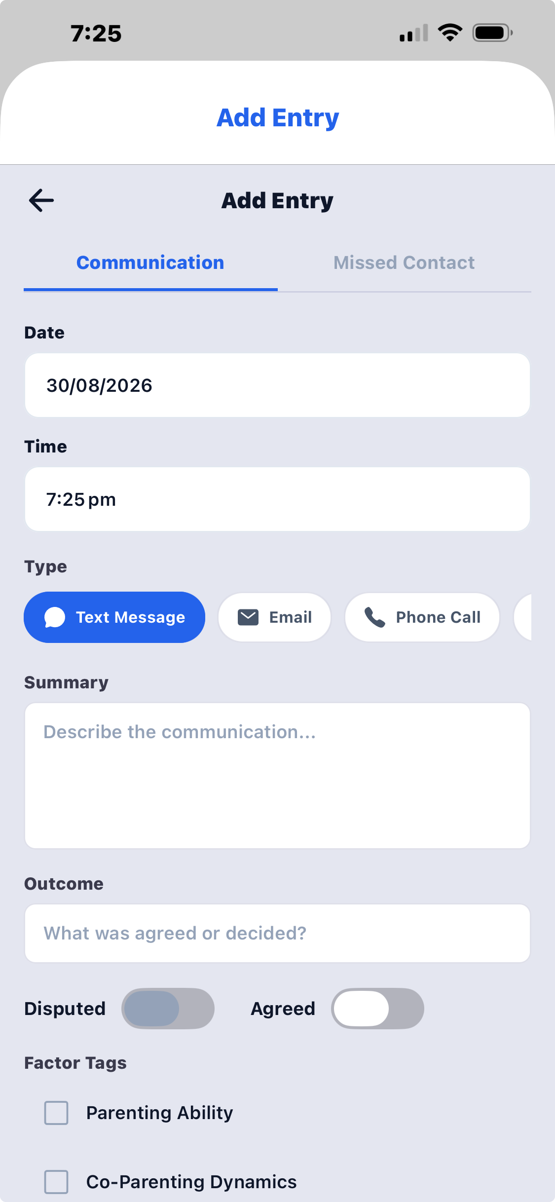 Add communication entry screen