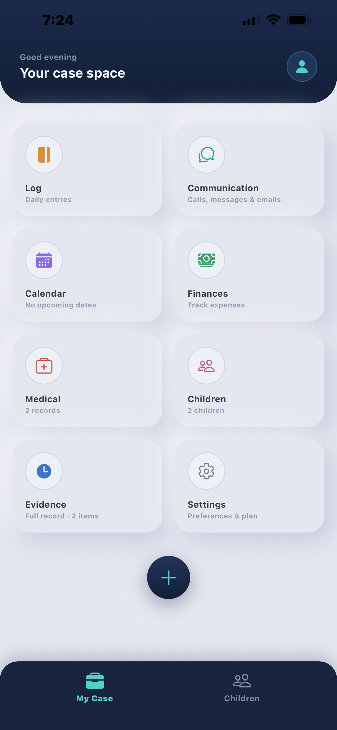 Home screen showing Log, Communication, Calendar, Finances, Medical and Children