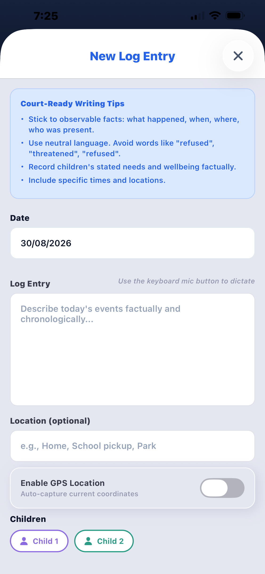 New log entry screen with factual writing tips